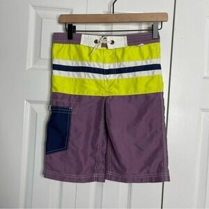 Like‎ New Mini Boden Star Adventure Swim Trunks Size 7/8 Purple Yellow